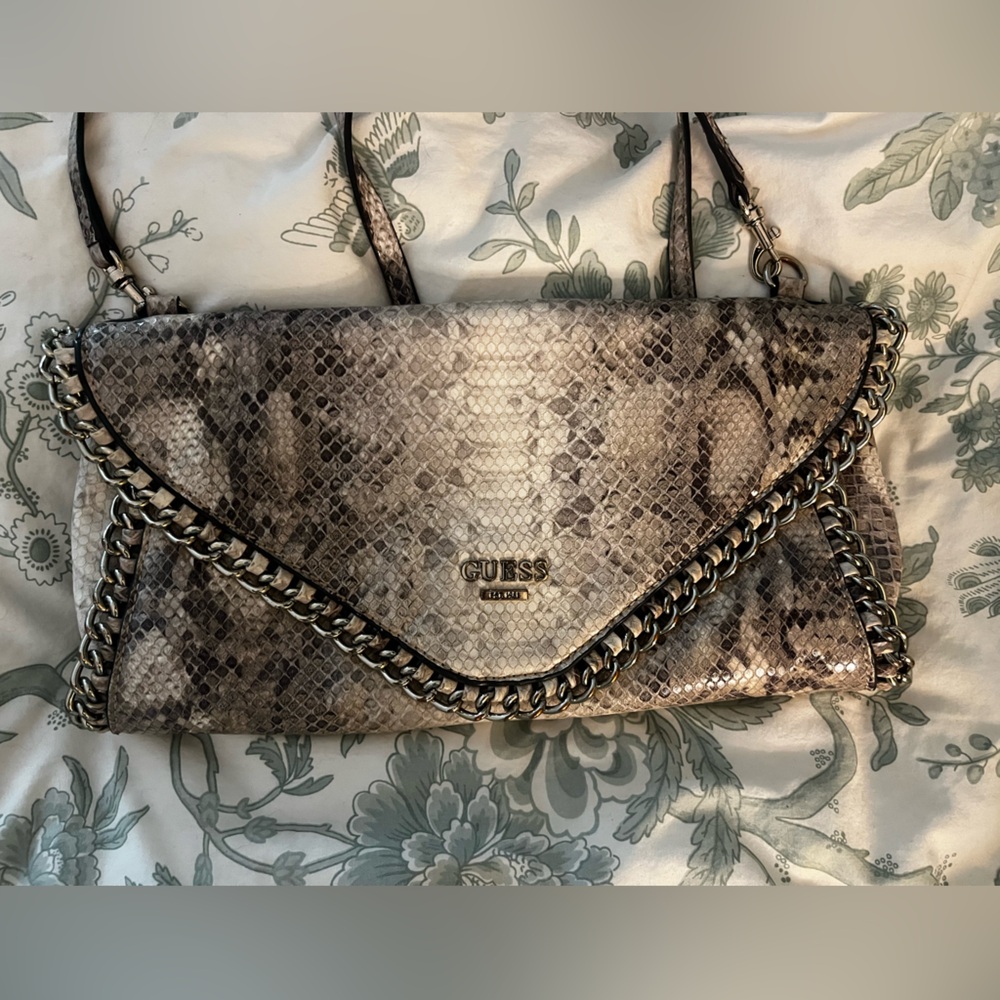 Guess Brown and Cream Snake Skin Bag with Chain Detail